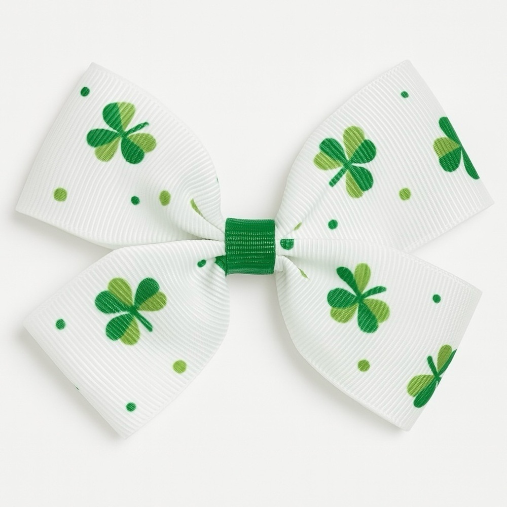 St. Patrick’s Day Green and White Clover Hair Bow